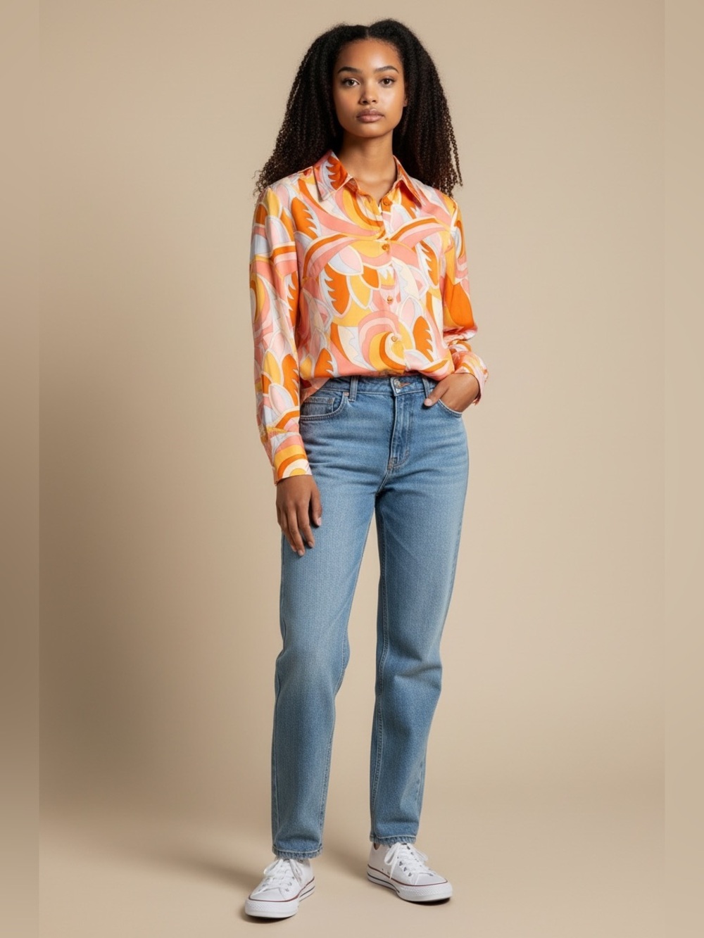 Rachel Zoe Orange and Pink Printed Button-Down Shirt